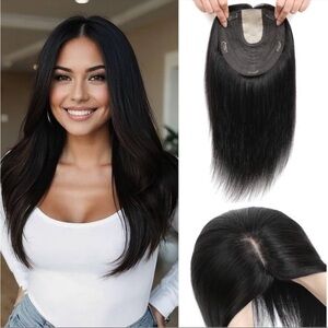 15” Human Hair Topper Clip In Hair Topper Crown Thinning Grey Coverage Black